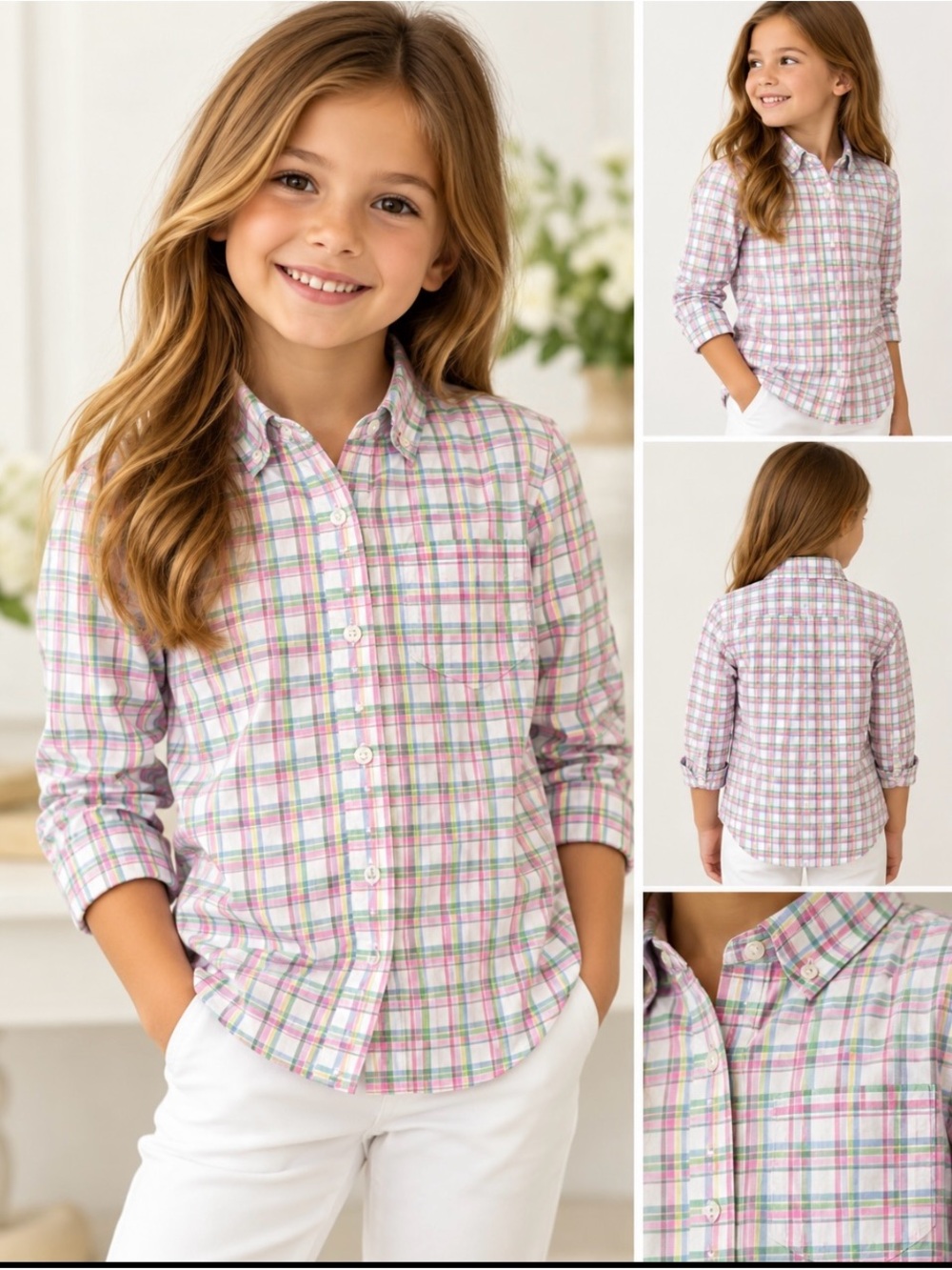 Janie and Jack Girls 6 Pastel Plaid Button Down Shirt Preppy Classic